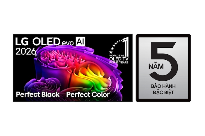 The front view of the LG OLED evo AI G6, released in 2026, displays an image of layered, multicolored forms, featuring Hyper Radiant Color Tech, Perfect Black & Perfect Color, along with the World’s No.1 OLED TV for 13 Years badge.
